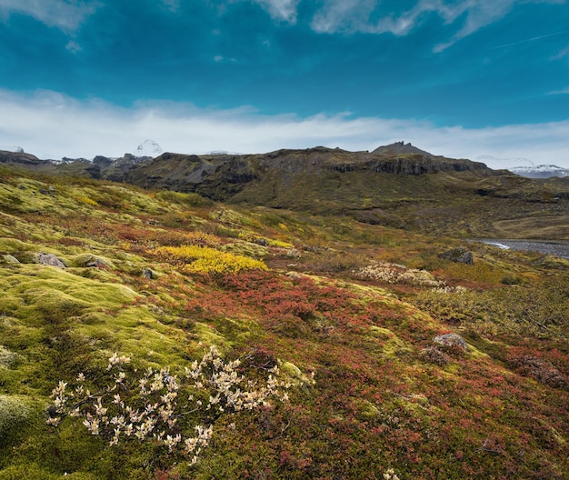 Beautiful autumn view from Mulagljufur Canyon to Fjallsarlon glacier with Breidarlon ice lagoon Iceland Not far from Ring Road and at the south end of Vatnajokull icecap and Oraefajokull volcano