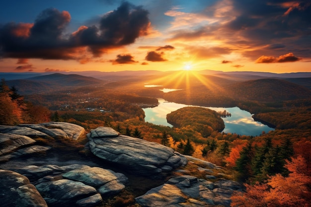 beautiful autumn view from top in sunset