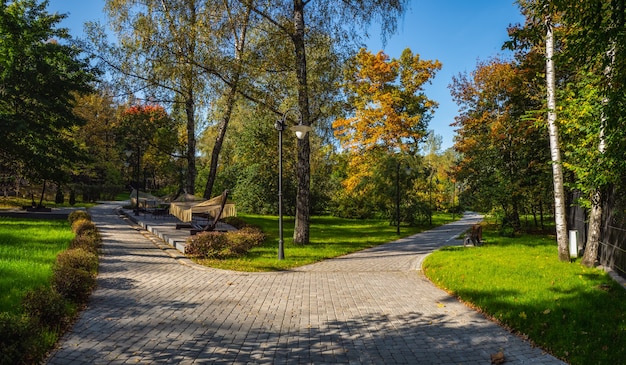 Beautiful autumn view of Sokolniki Park in Moscow. Bifurcation of the road.