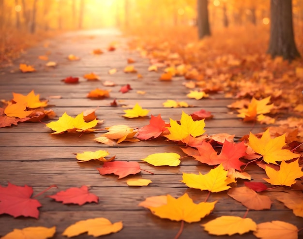 Beautiful autumn wallpaper design orange red and yellow leaves in forest with soft bokeh backgroun