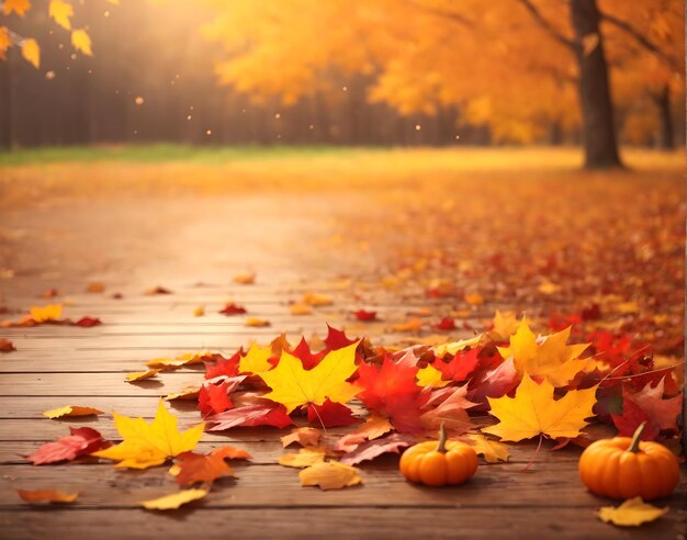 Beautiful autumn wallpaper design orange red and yellow leaves in forest with soft bokeh backgroun