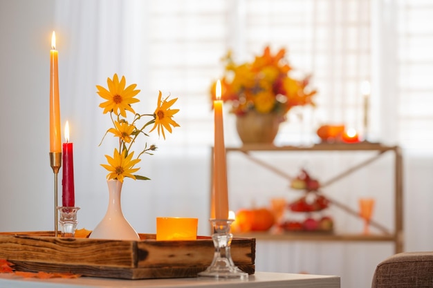 Beautiful autumnal decor in home white interior