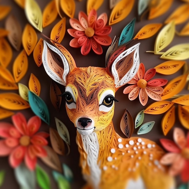 Beautiful baby deer paper quilling flowers garden images Generative AI