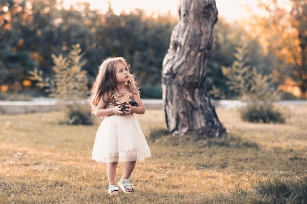 Beautiful baby girl 3-4 year old wearing princess dress walking in magic forest holding fir cones