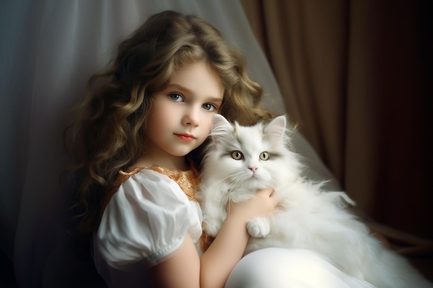 A beautiful baby girl with a little cute kitten Adorable and innocent look generative ai