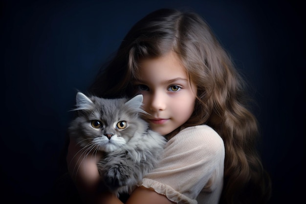 A beautiful baby girl with a little cute kitten Adorable and innocent look generative ai