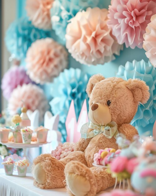 Photo beautiful baby shower decorations near colorful wall