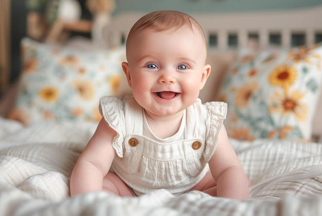 Beautiful Baby Wrapped in Cozy Knit Blanket Surrounded by White Blossoms