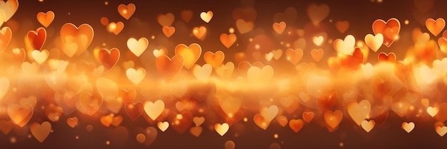 Beautiful background banner with golden hearts lights sparkles and bokeh valentines day panoramic