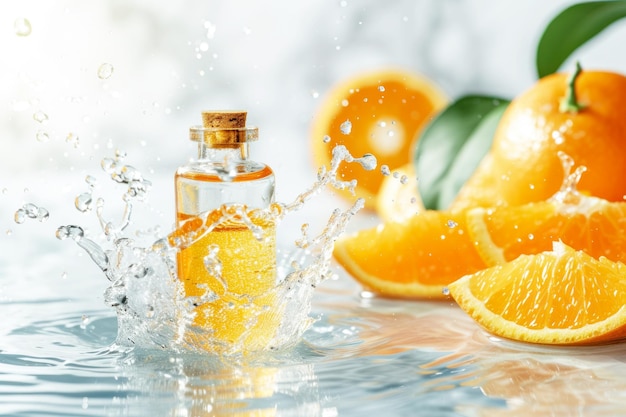 Beautiful background of a bottle of essential oil in splashing water with orange slices