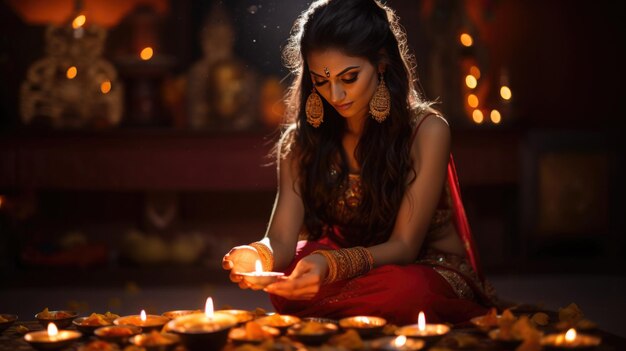 Beautiful background for Diwali festival of lights with flowers and goodies with Indian woman