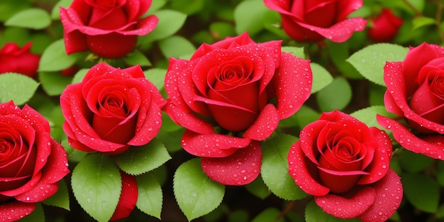 Beautiful background of red roses with green leaves with dew drops Generative AI