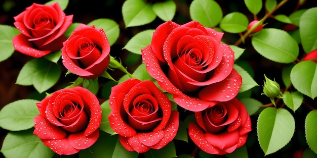 Beautiful background of red roses with green leaves with dew drops