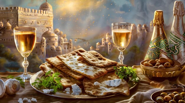 Beautiful background on the theme of Passover with matzo and wine AI Generated