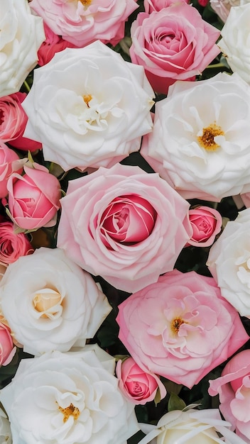 Beautiful background of white and pink roses