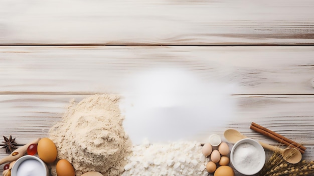 Beautiful Baking Ingredients on White Rustic Wood Background