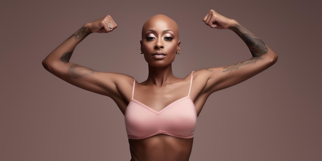 Beautiful bald woman fighting breast cancer powerful woman and clasps her arms like a survivor