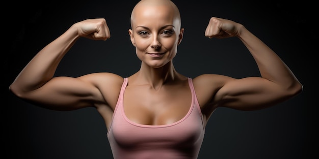 Beautiful bald woman fighting breast cancer powerful woman and clasps her arms like a survivor