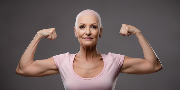 Beautiful bald woman fighting breast cancer powerful woman and clasps her arms like a survivor