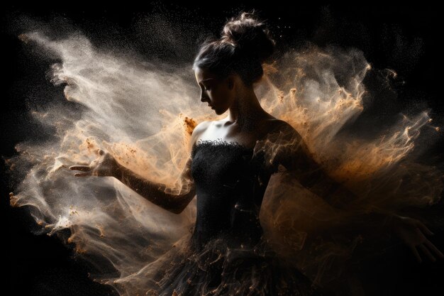 Beautiful ballerina dancing in the studio in magnetic powder and smoke Generated AI