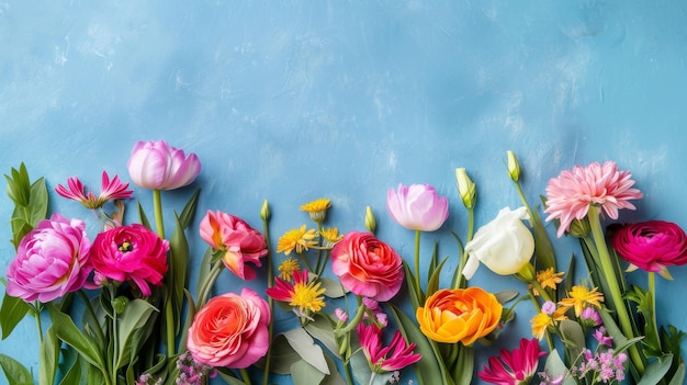 Beautiful banner with spring flowers on blue background and copy space Mothers day concept