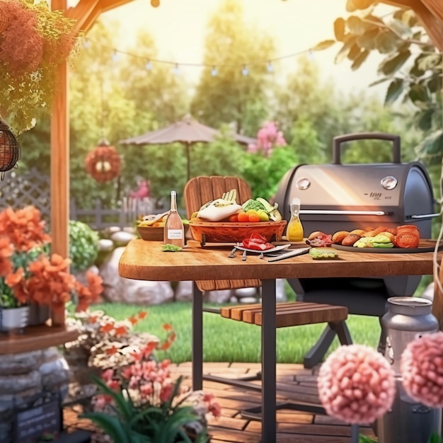 a beautiful barbecue place in a blooming garden Meat and sausages on the grill