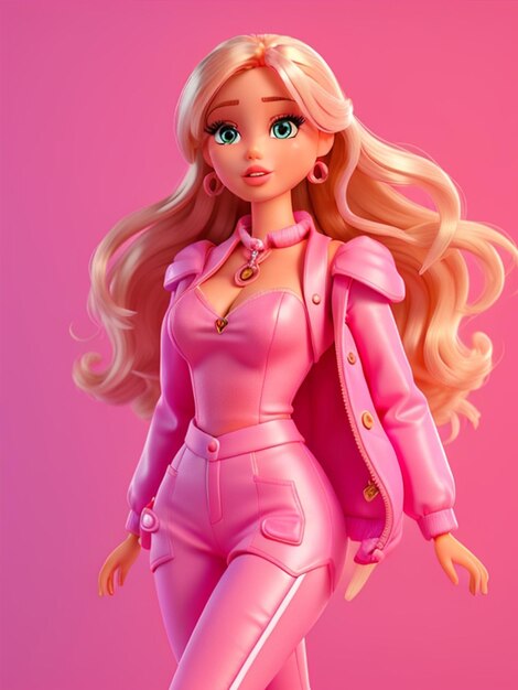 beautiful barbie doll girl in pink with trendy outfit