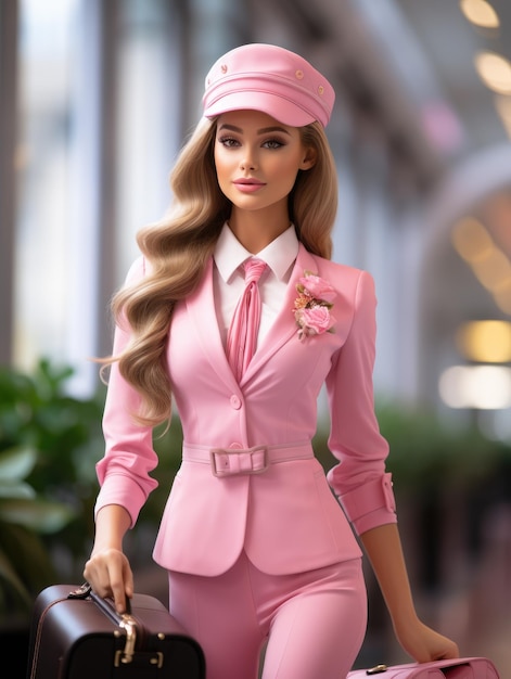 Beautiful barbie girl stewardess in pink style