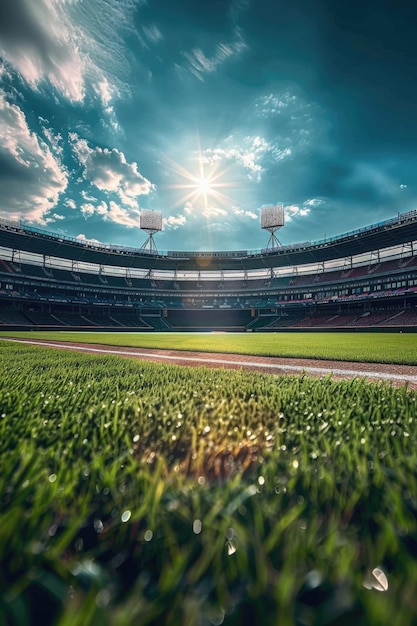 A beautiful baseball field with sunlight breaking through the clouds Perfect for sports or outdoor concepts