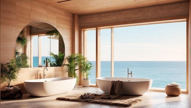 Beautiful bathroom in cosy interior with big window with sea view cosy atmosphere sunlight