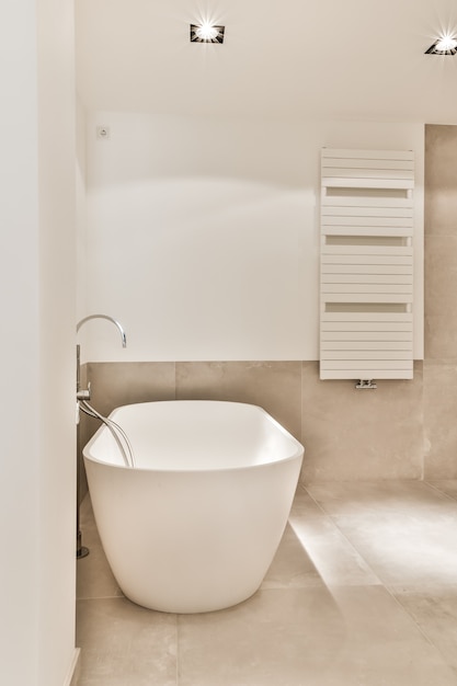 Beautiful bathroom with a big bathtub and white big windows