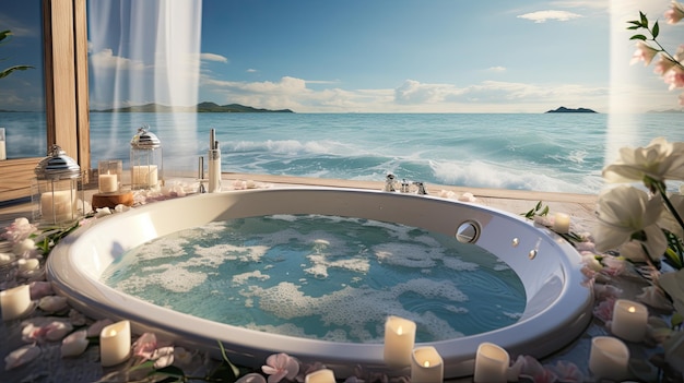 A beautiful bathtub against the backdrop of the sea luxurious summer vacation