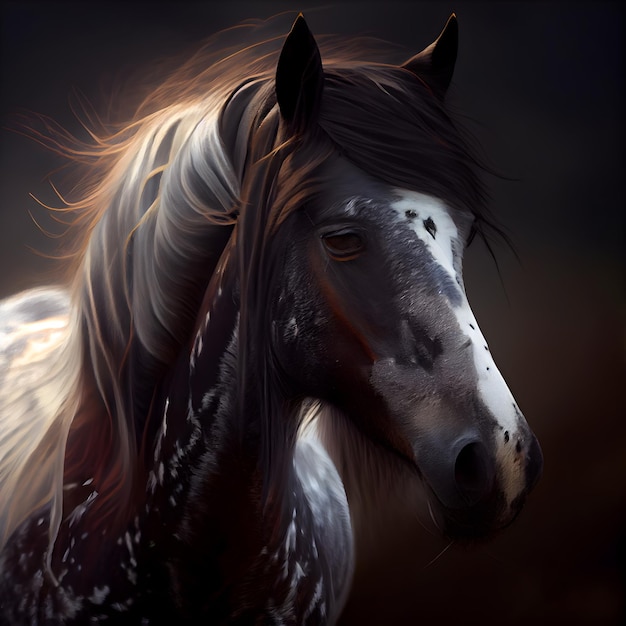 Beautiful bay horse with long mane portrait on a dark background