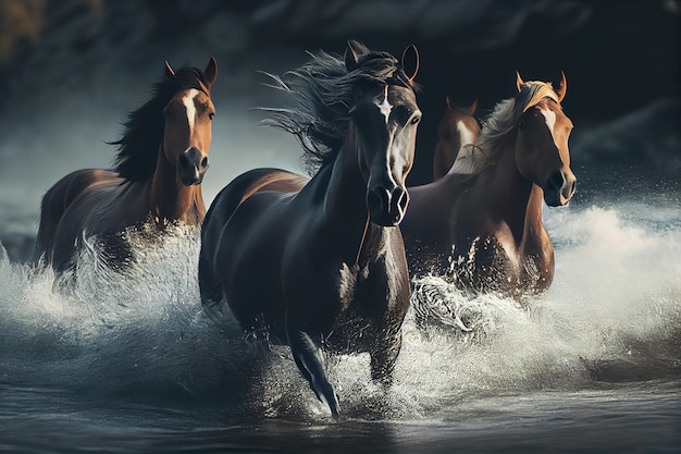 Beautiful bay horses run gallop in the water in the raingenerative ai