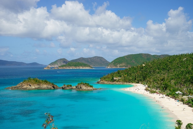 Beautiful bay in island with beach and green hills, St. John US Virgin Islands.