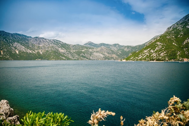 Beautiful Bay of Kotor near Perast with Our Lady Of The Rocks church