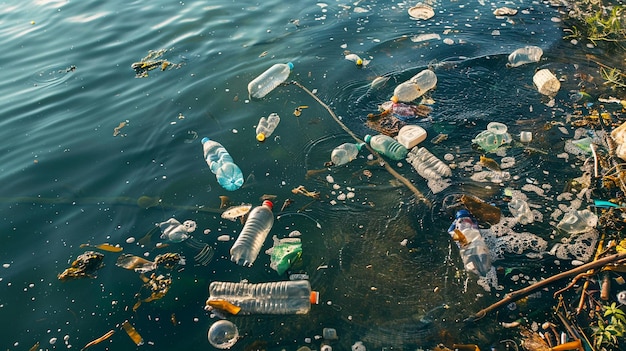 Photo beautiful beach and blue sea dolphins whale and turtles in a polluted ocean conditions