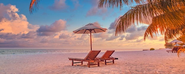 Beautiful beach Chairs on the sandy beach near the sea Summer holiday and vacation concept