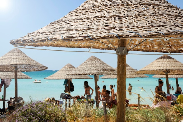 Beautiful beach resort with straw umbrellas on a blue sky and white clouds