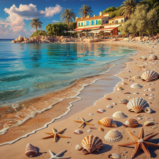 Beautiful Beach Scene Shells and Starfish by the Water