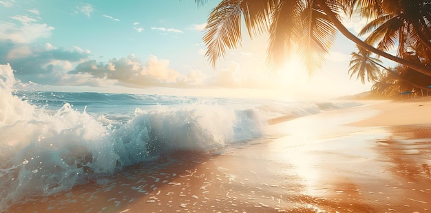 A beautiful beach scene with a palm tree in the background