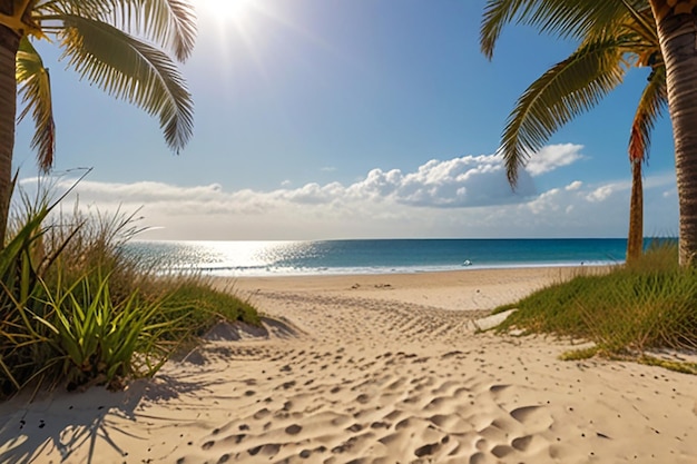 Beautiful beach scene with palm tree leaves