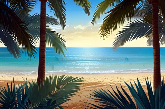 Beautiful beach scene with palm tree leaves