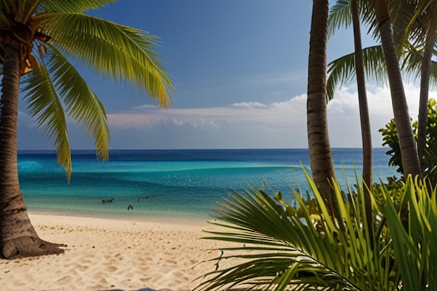 Beautiful beach scene with palm tree leaves