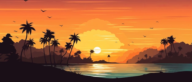 Beautiful beach sunset with the silhouettes of palm trees Generative AI