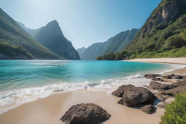 Beautiful beach in unique bay with blue sea and green mountains landscape design by parvej