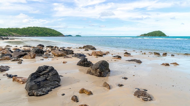 Beautiful beach view seascape at Chonburi province Eastern of Thailand on blue sky background Sea island of Thailand landscape