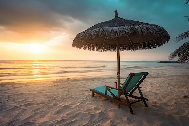 Beautiful Beach View with Nature Landscape Background and Gazebo Chair at Sunset