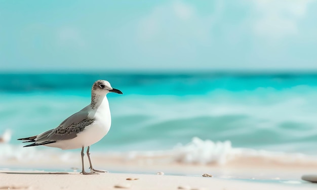 A beautiful beach white sand beach and turquoise water with seagull Holiday summer beach background