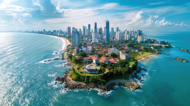 A beautiful beach with a city in the background The ocean is calm and the sky is clear